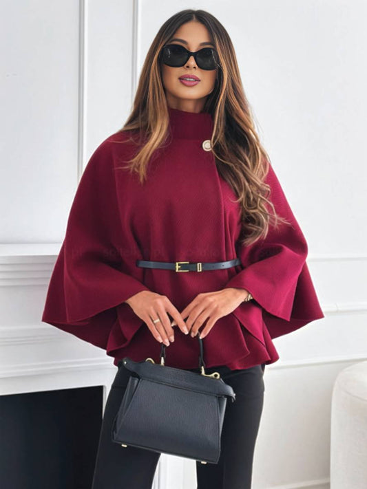 Elegant kort ponchojakke med bælte og flagermusærmer til kvinder