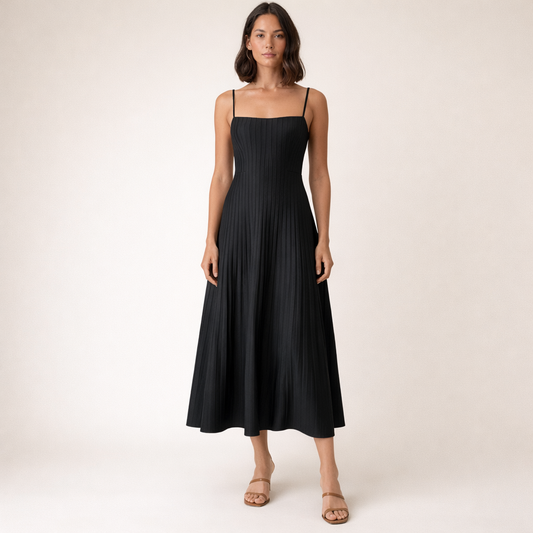 Strikket plisseret midi kjole - Høj talje | Spaghettistropper | Ærmeløs | Flatterende silhuet