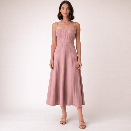 Strikket plisseret midi kjole - Høj talje | Spaghettistropper | Ærmeløs | Flatterende silhuet