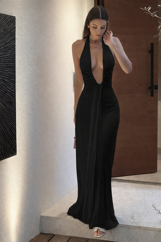 Halterneck Shirring Maxi Kjole | Klassisk Design | Lav V-Hals | Backless