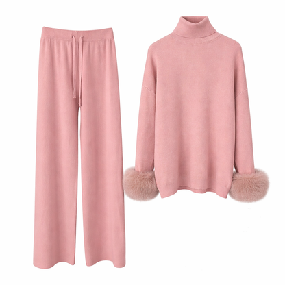 Strikket sæt til kvinder med høj hals og elegante pelsmanchetter