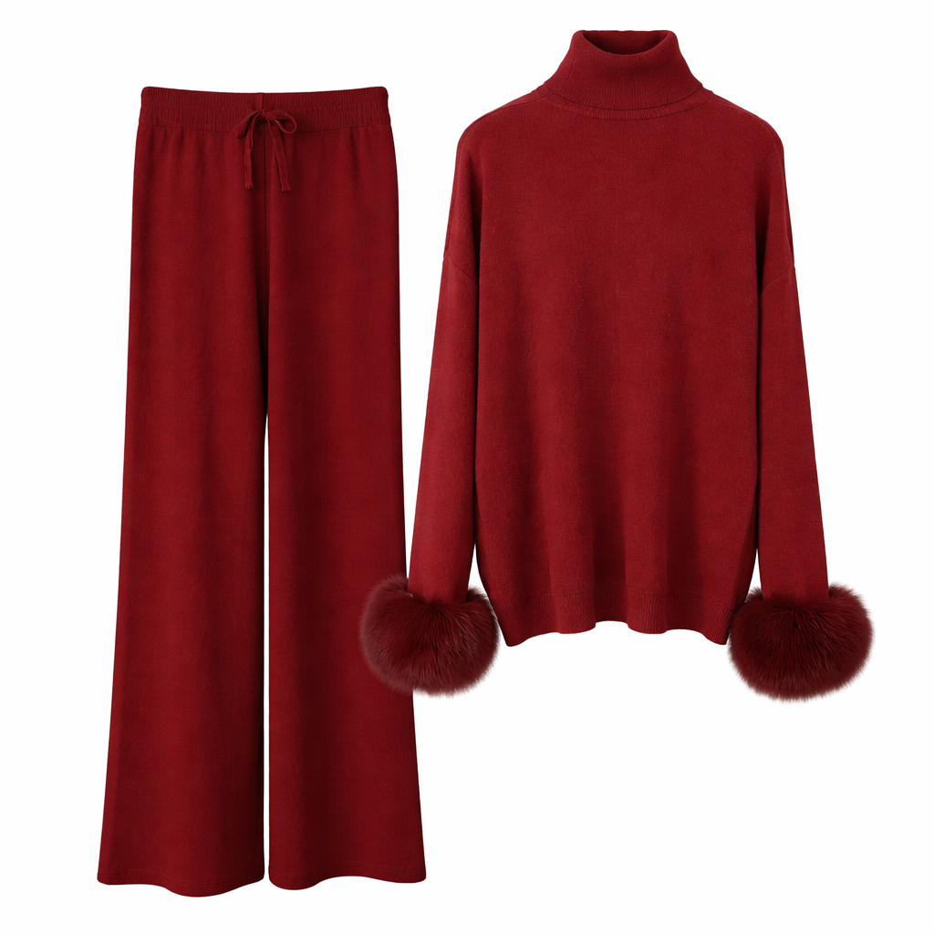 Strikket sæt til kvinder med høj hals og elegante pelsmanchetter