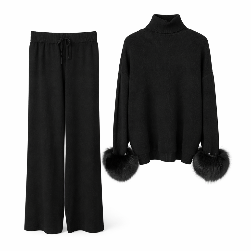 Strikket sæt til kvinder med høj hals og elegante pelsmanchetter
