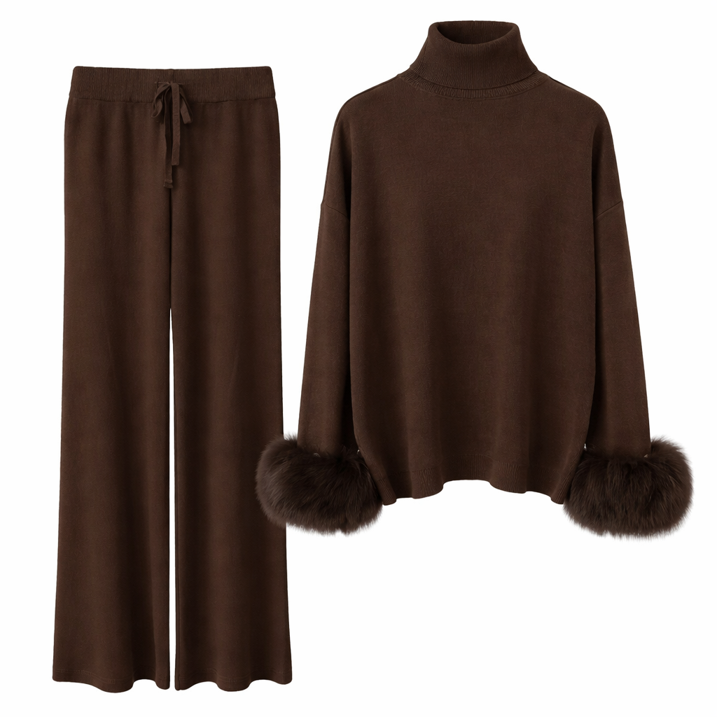 Strikket sæt til kvinder med høj hals og elegante pelsmanchetter