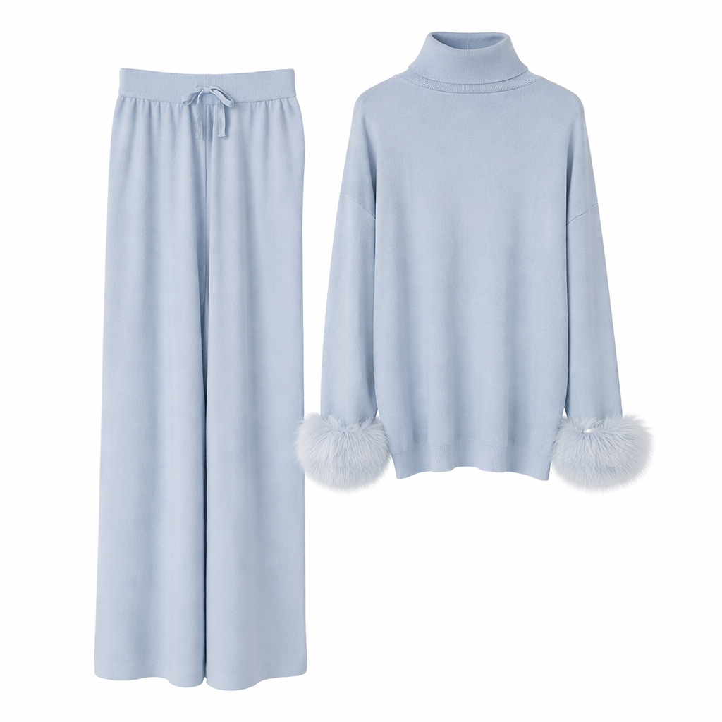 Strikket sæt til kvinder med høj hals og elegante pelsmanchetter