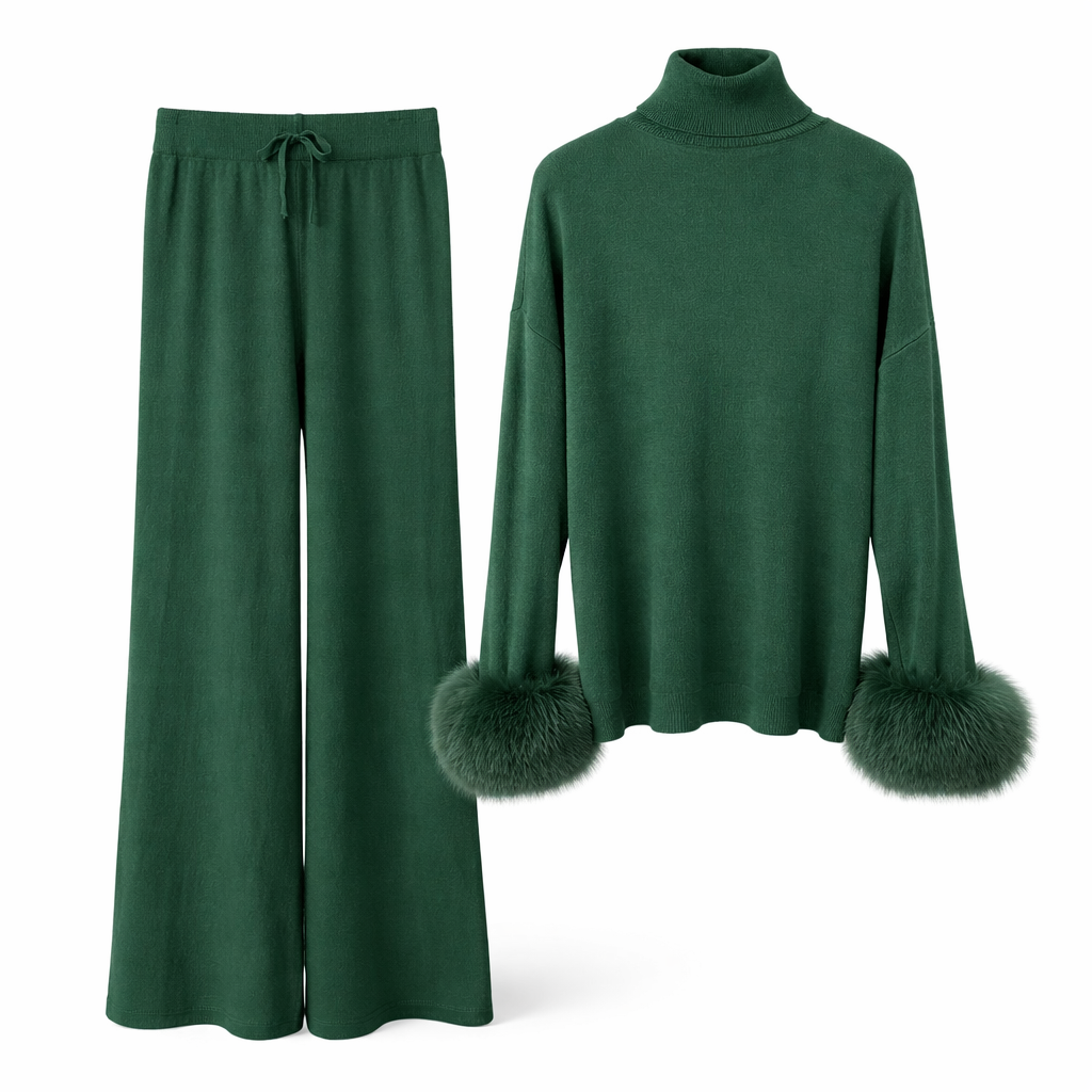 Strikket sæt til kvinder med høj hals og elegante pelsmanchetter