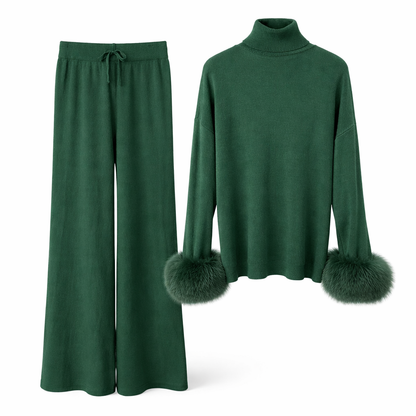 Strikket sæt til kvinder med høj hals og elegante pelsmanchetter