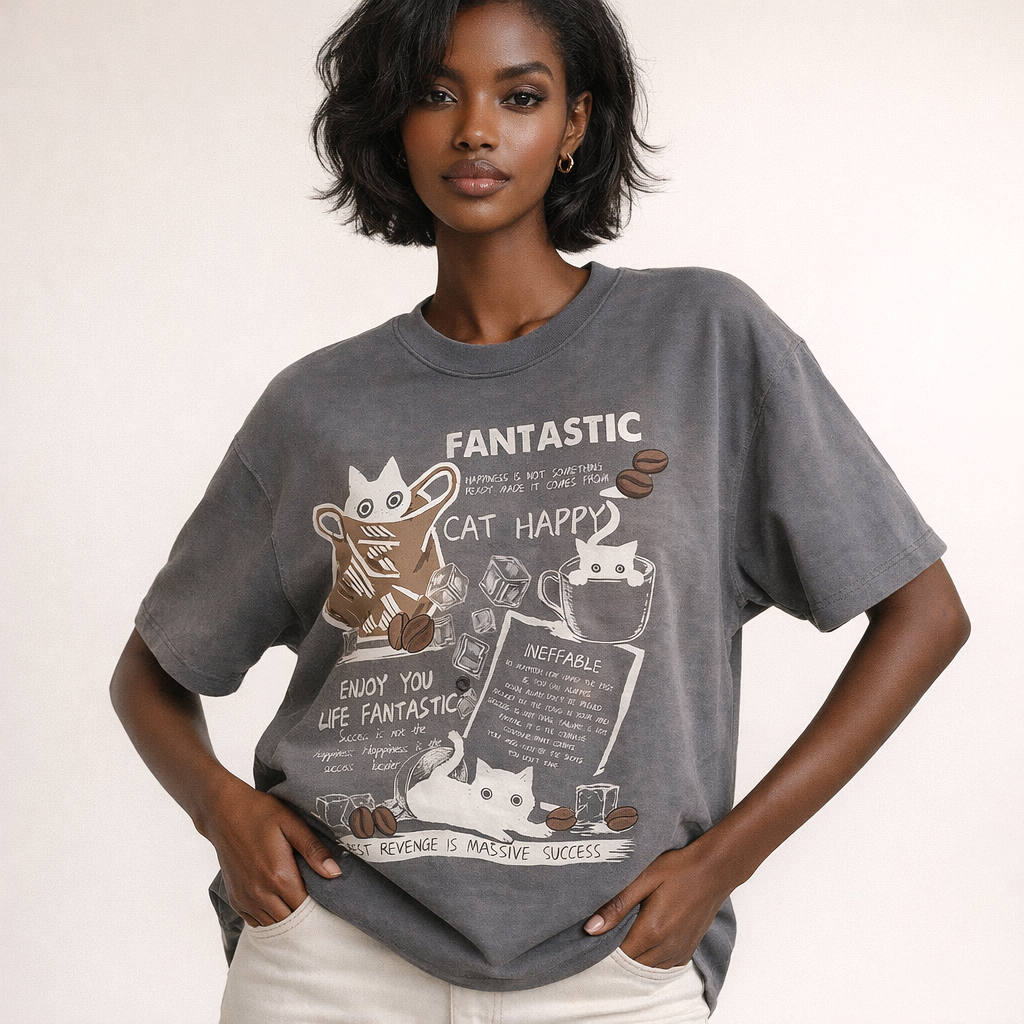 Oversized T-shirt til kvinder med grafisk katteprint og afslappet pasform