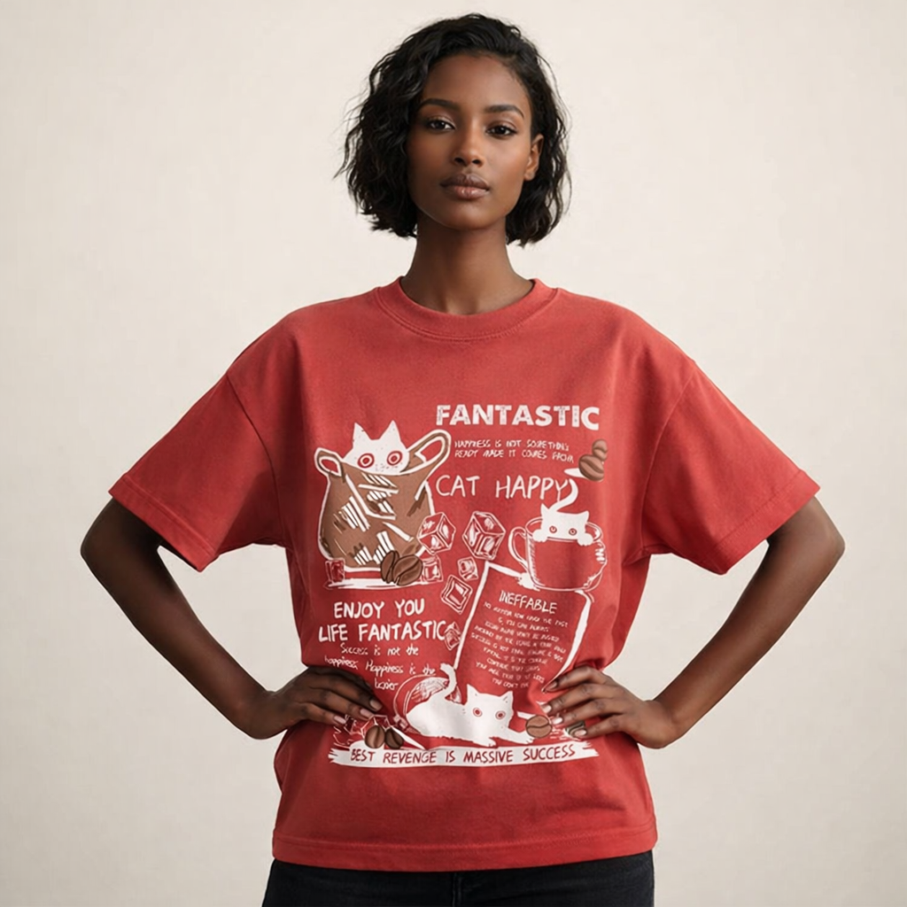 Oversized T-shirt til kvinder med grafisk katteprint og afslappet pasform