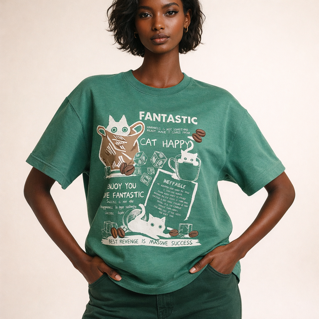 Oversized T-shirt til kvinder med grafisk katteprint og afslappet pasform