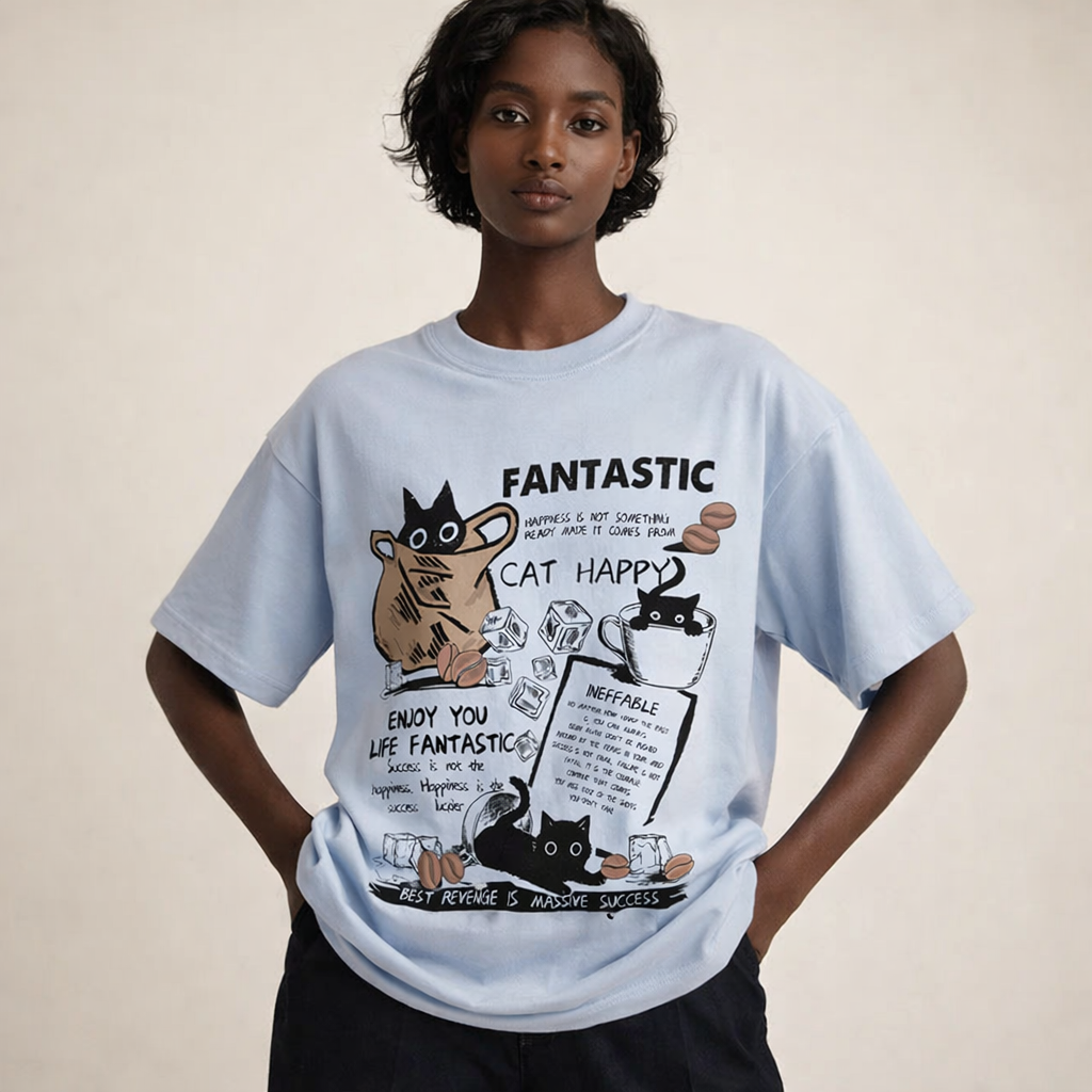 Oversized T-shirt til kvinder med grafisk katteprint og afslappet pasform