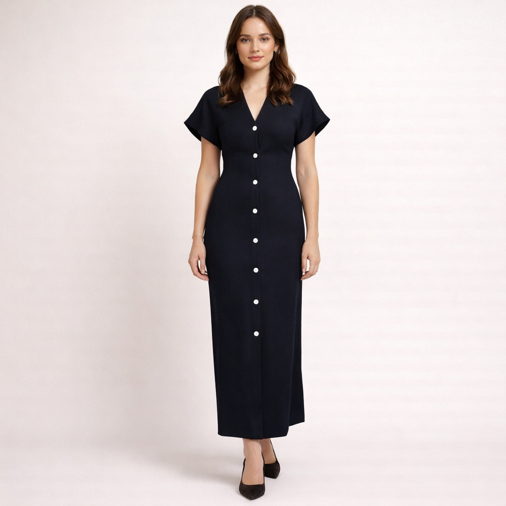 Midi kjole med krave og knaplukning – Figursyet talje med rynkedetalje | Korte ærmer | Sidelukning med lynlås