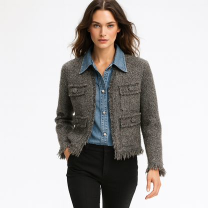 Kvinders kort jakke | Patchwork design | Frynsekant & struktureret finish