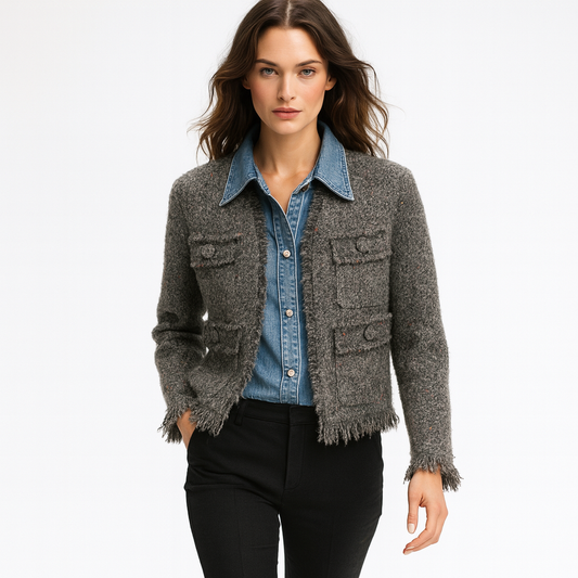 Kvinders kort jakke | Patchwork design | Frynsekant & struktureret finish