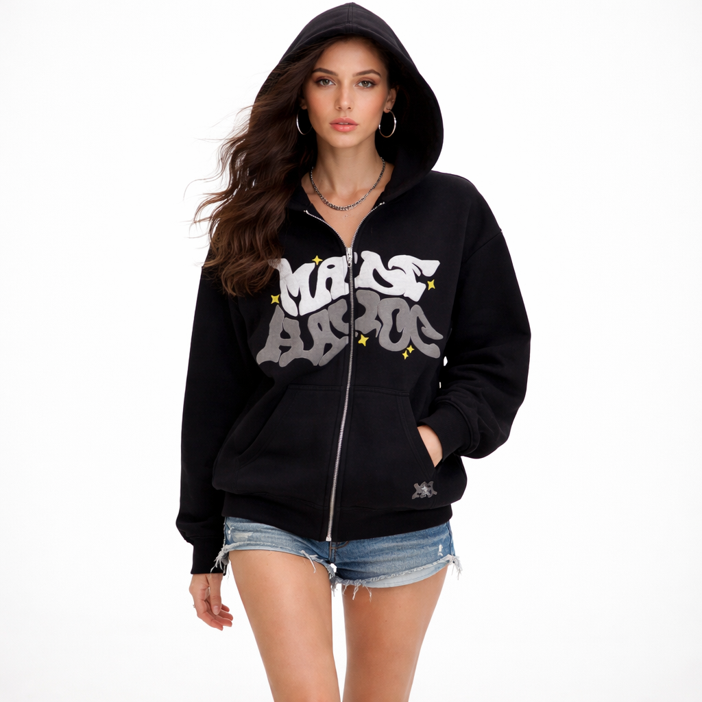 Hættetrøje Med Lynlås Og Grafisk Print I Afslappet Pasform