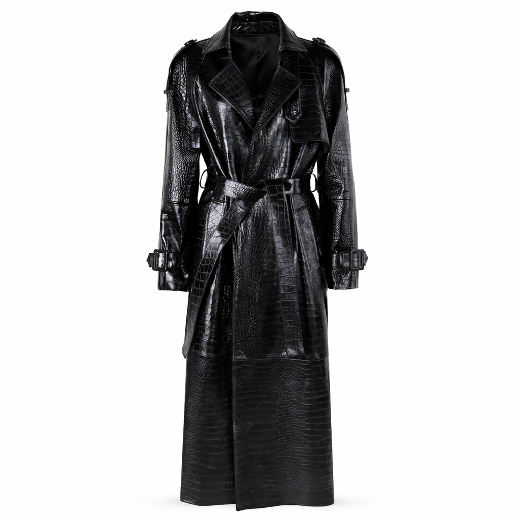 Vindafvisende lang trenchcoat i ægte læder til kvinder med bælte