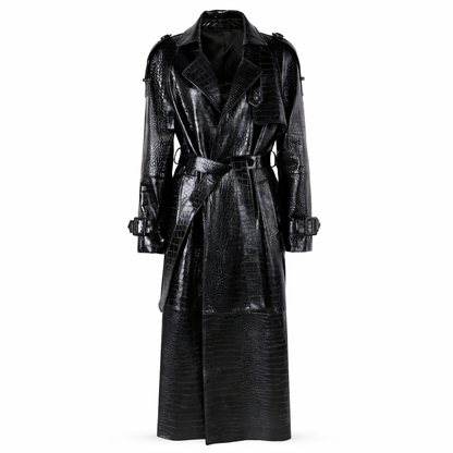 Vindafvisende lang trenchcoat i ægte læder til kvinder med bælte