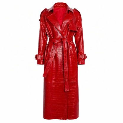 Vindafvisende lang trenchcoat i ægte læder til kvinder med bælte