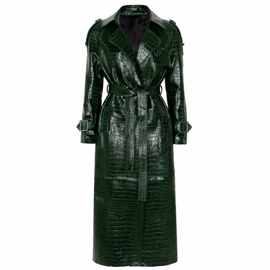 Vindafvisende lang trenchcoat i ægte læder til kvinder med bælte