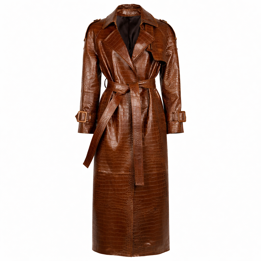 Vindafvisende lang trenchcoat i ægte læder til kvinder med bælte