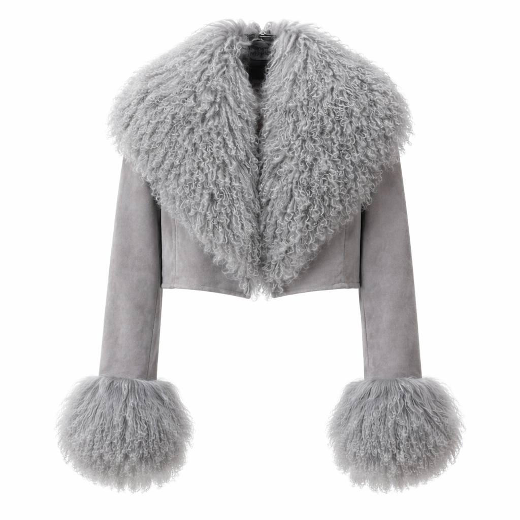 Kort ruskindsjakke i ægte fåreskind med aftagelig pelskrave