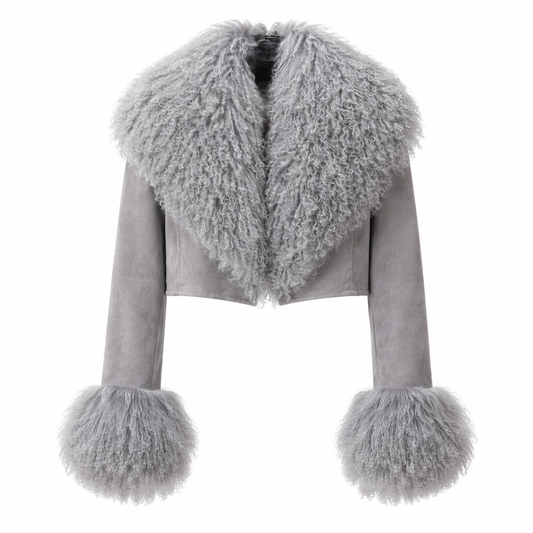 Kort ruskindsjakke i ægte fåreskind med aftagelig pelskrave