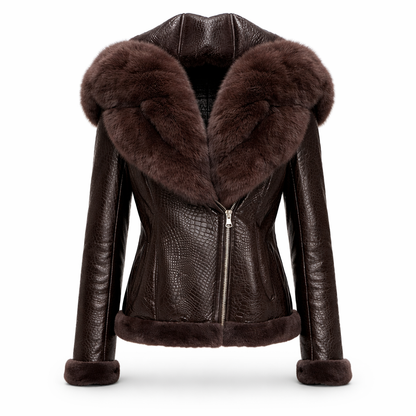 Shearlingjakke i ægte læder med hætte til kvinder