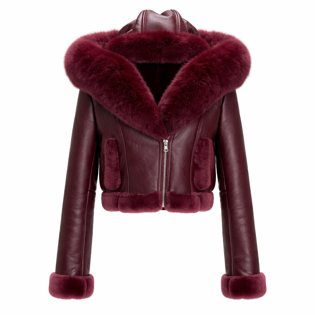 Shearlingjakke i ægte læder med hætte til kvinder