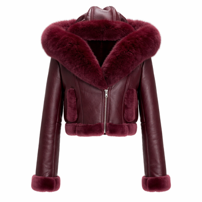 Shearlingjakke i ægte læder med hætte til kvinder