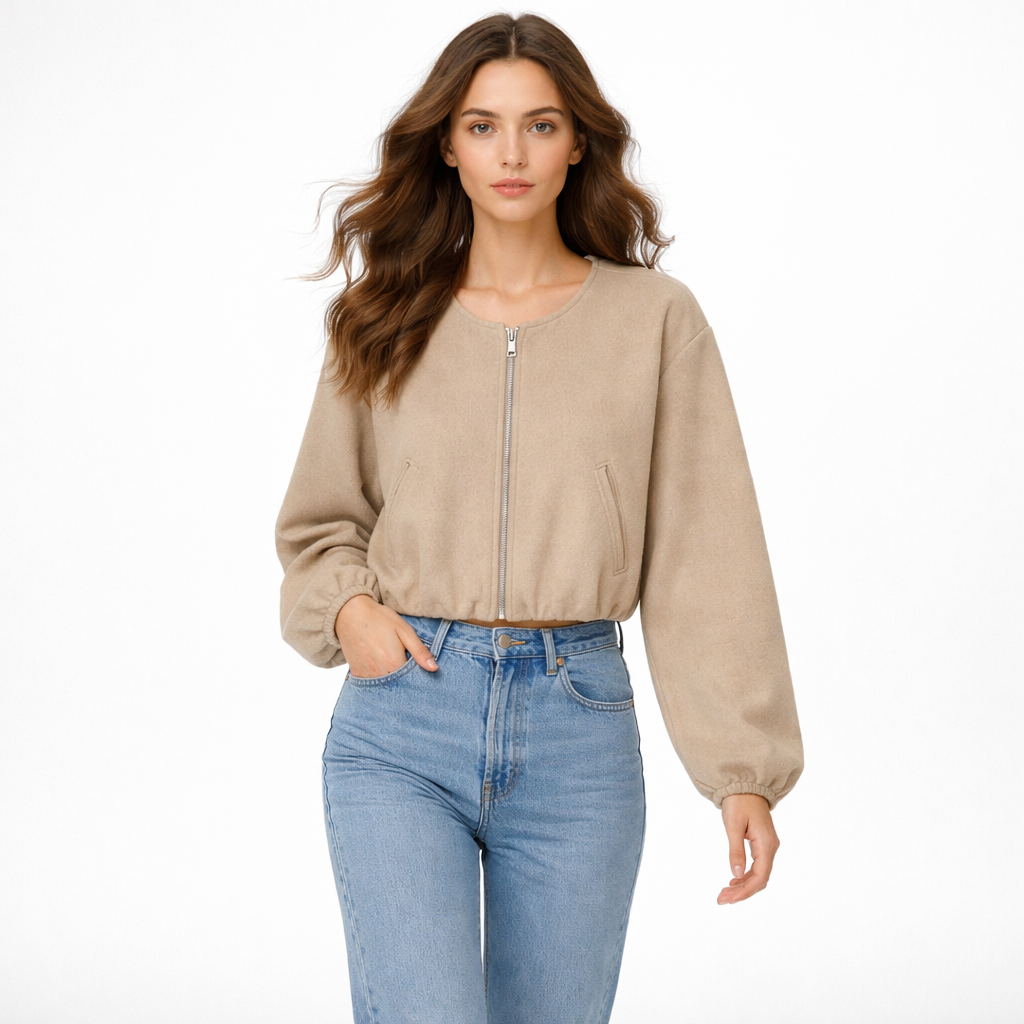 Cropped bomberjakke til kvinder med lynlås og ballonærmer