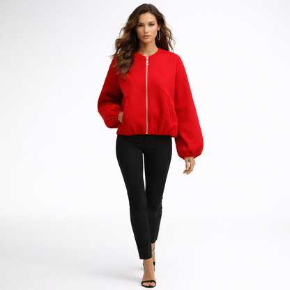 Cropped bomberjakke til kvinder med lynlås og ballonærmer