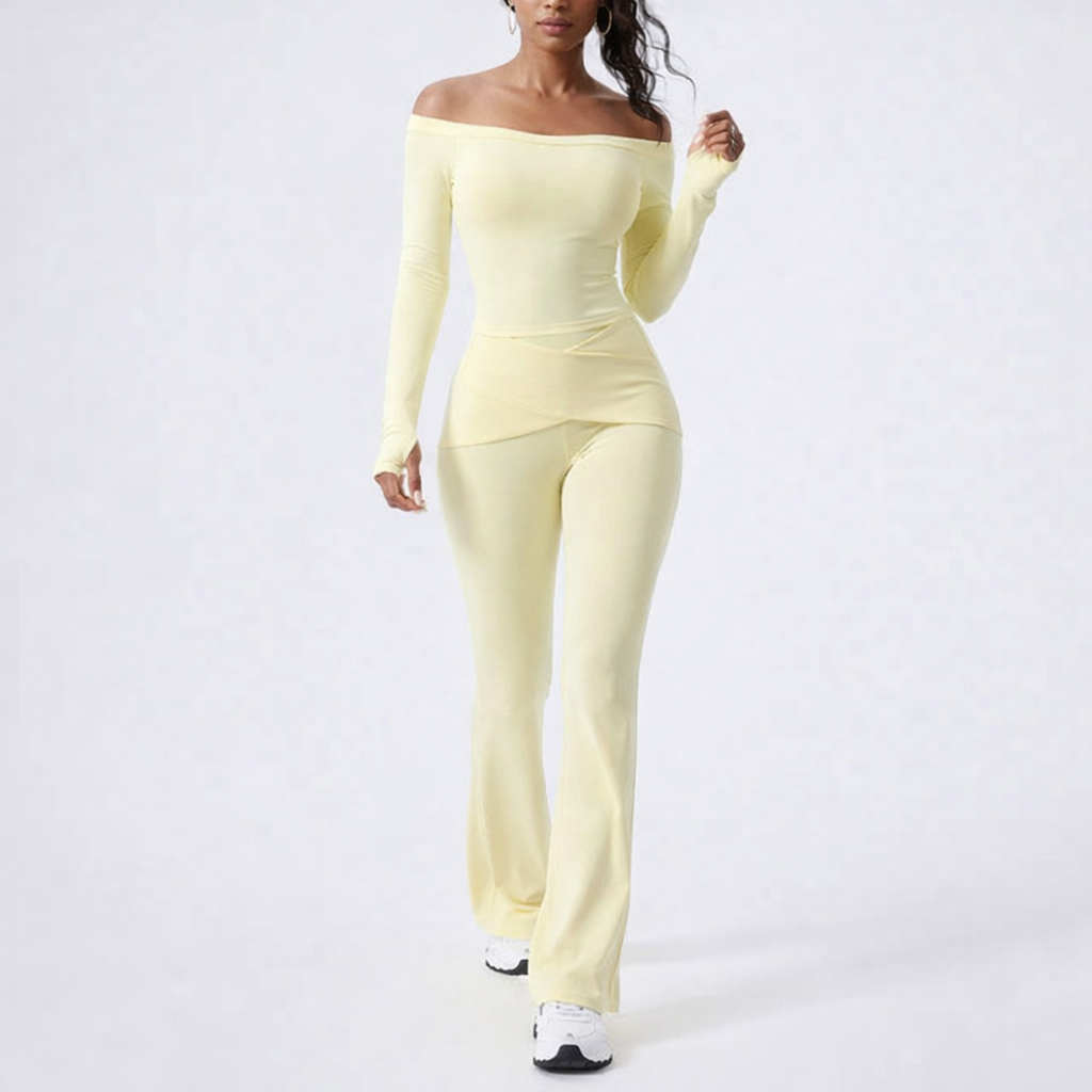 Elegant yoga- og træningssæt til kvinder med langærmet top og flatterende bukser