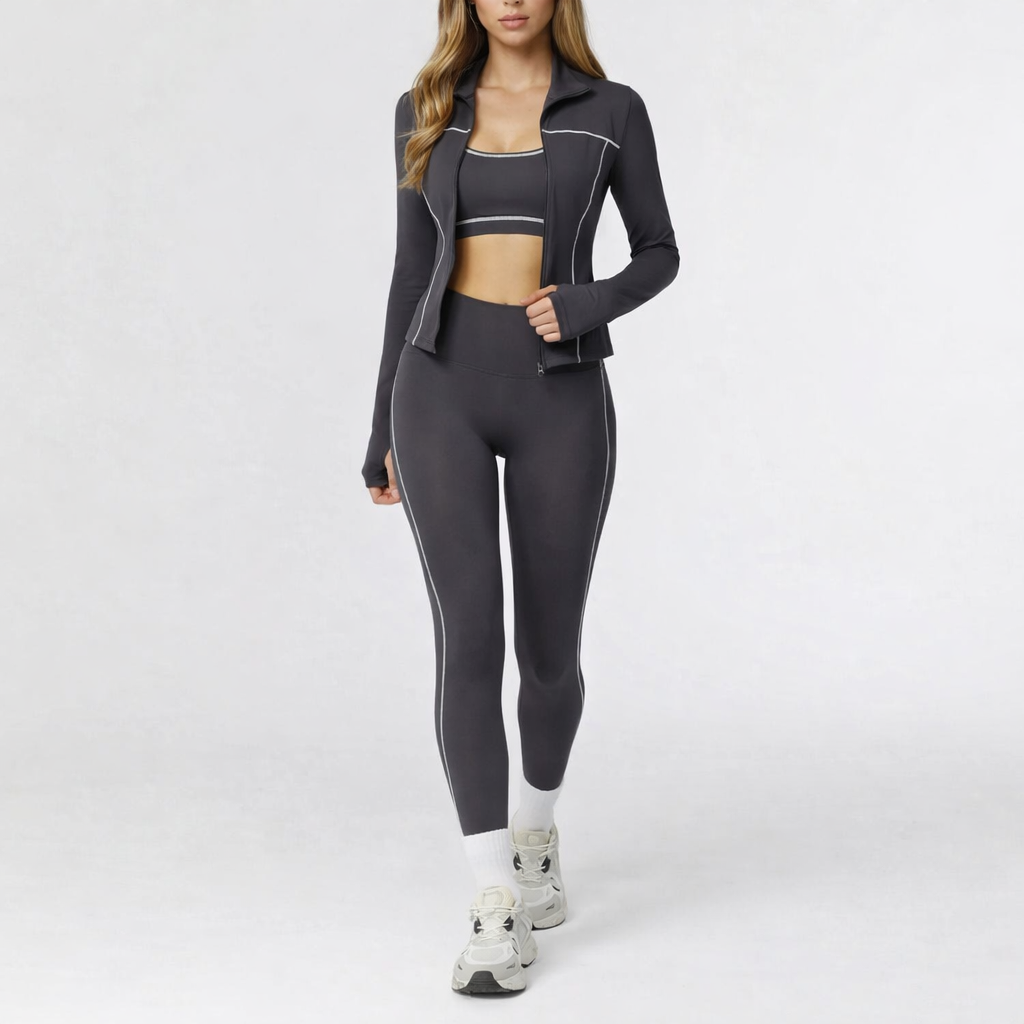Figurformende 3-delt yogasæt med jakke, top og leggings til kvinder