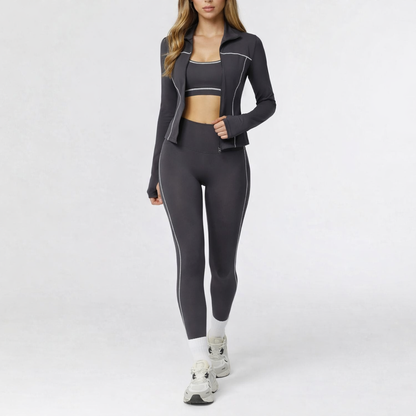 Figurformende 3-delt yogasæt med jakke, top og leggings til kvinder