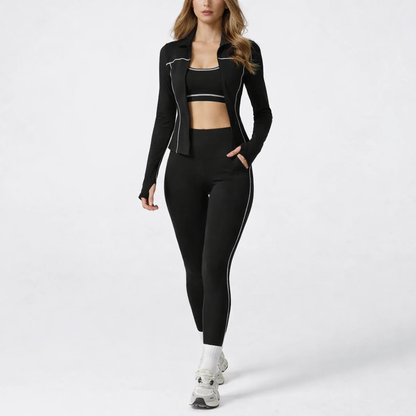 Figurformende 3-delt yogasæt med jakke, top og leggings til kvinder