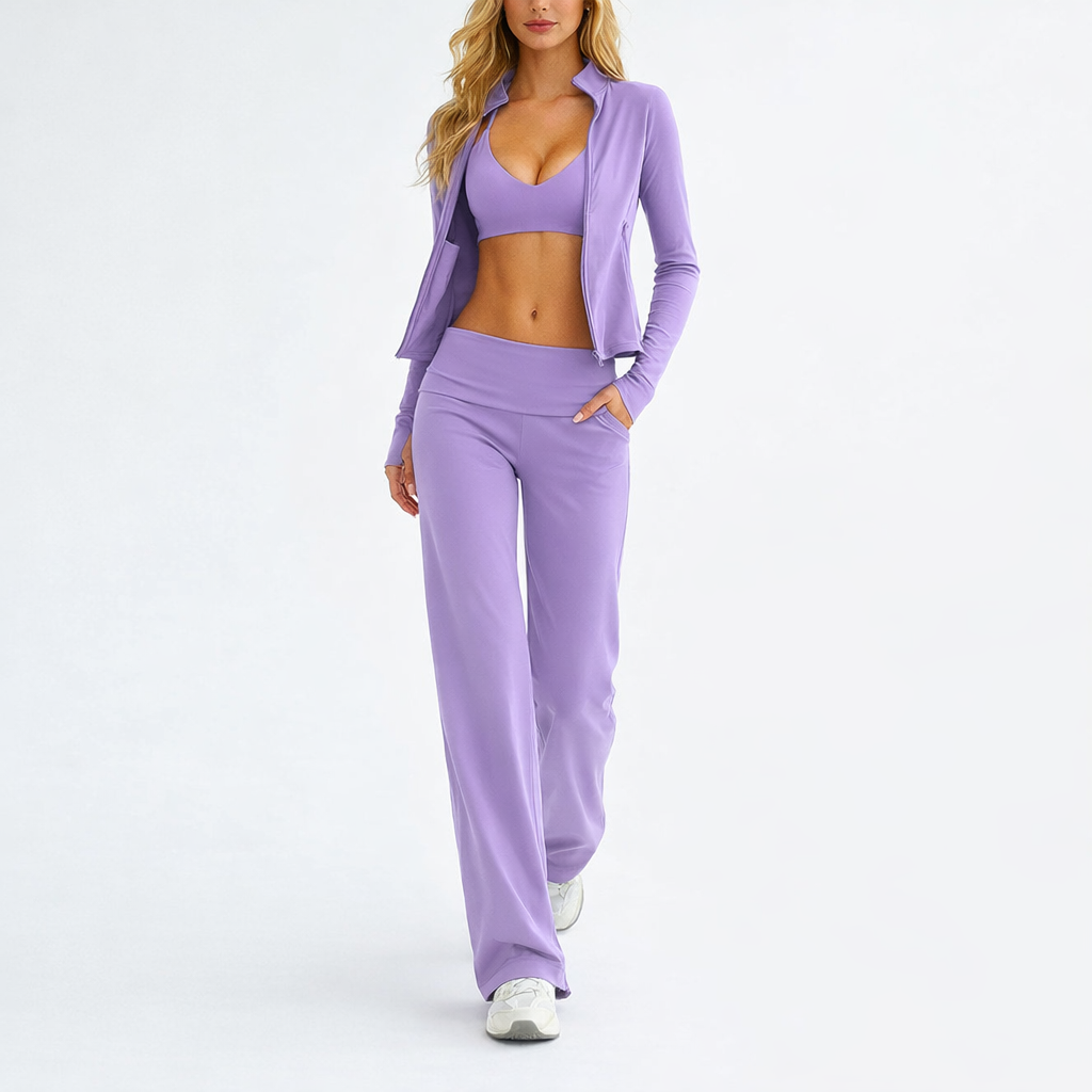 Elegant 3-delt træningssæt med jakke, top og vide bukser til kvinder