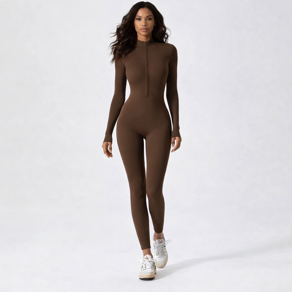 Figurformende træningsdragt i ét stykke med lange ærmer og lynlås til kvinder
