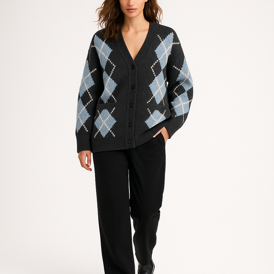 Elegant Vintage Argyle Cardigan Med Løs Pasform