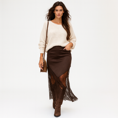 Elegant Patchwork Maxinederdel Med Blonder Og Høj Talje