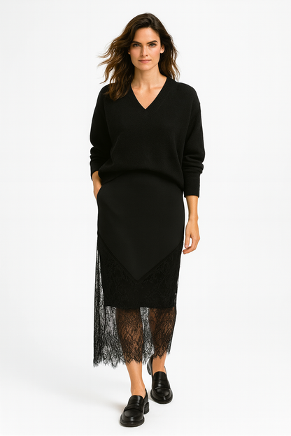 Elegant Patchwork Maxinederdel Med Blonder Og Høj Talje