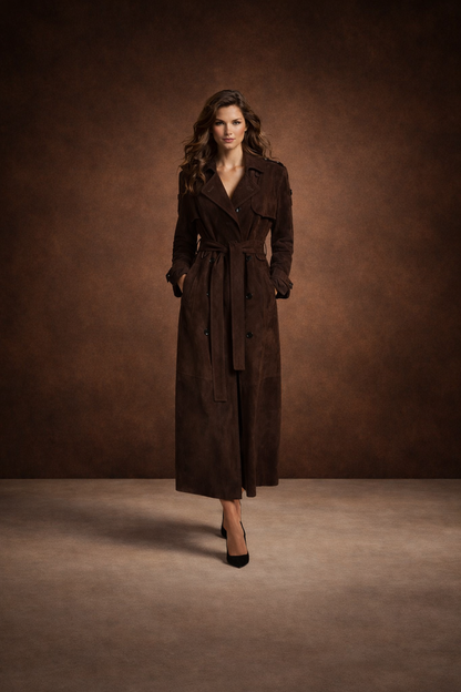 Dobbelt­radet trenchcoat i ægte ruskindslæder til kvinder