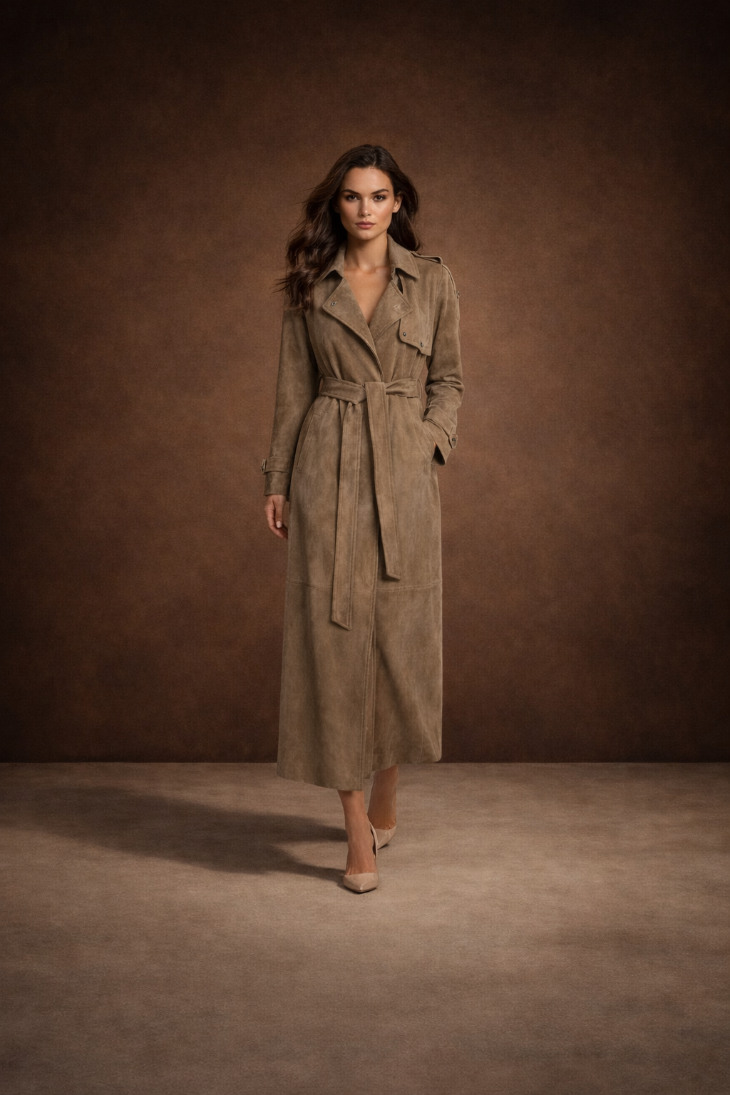 Dobbelt­radet trenchcoat i ægte ruskindslæder til kvinder