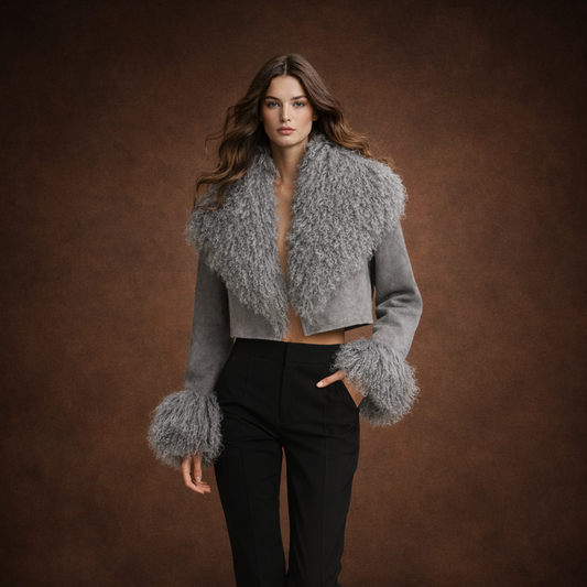 Kort ruskindsjakke i ægte fåreskind med aftagelig pelskrave