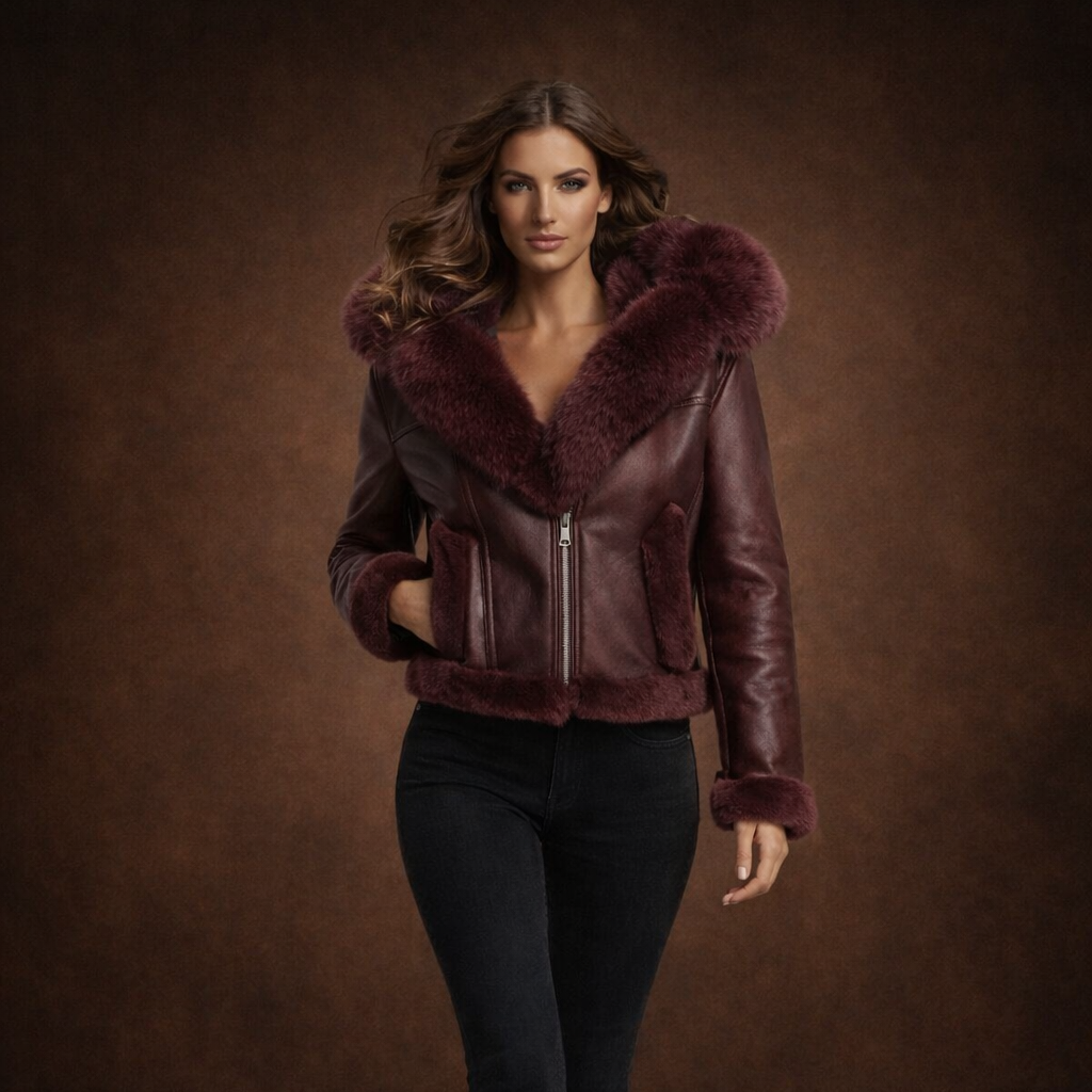 Shearlingjakke i ægte læder med hætte til kvinder
