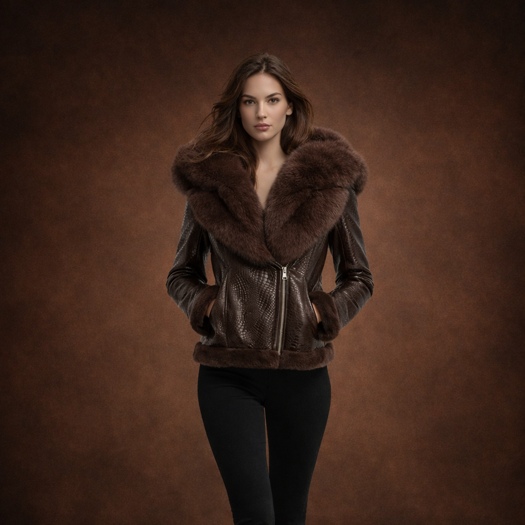 Shearlingjakke i ægte læder med hætte til kvinder