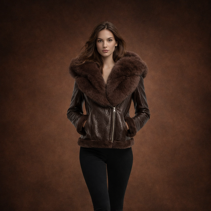 Shearlingjakke i ægte læder med hætte til kvinder