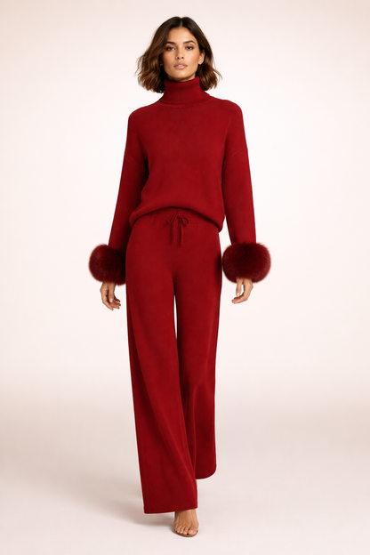 Strikket sæt til kvinder med høj hals og elegante pelsmanchetter