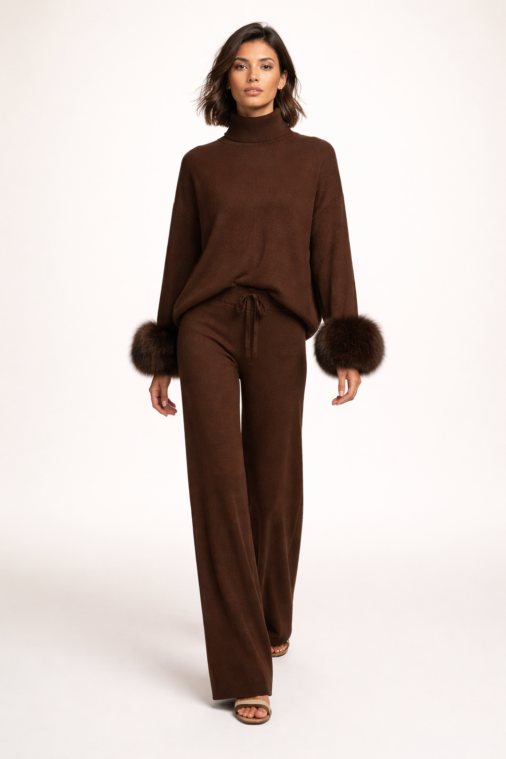 Strikket sæt til kvinder med høj hals og elegante pelsmanchetter