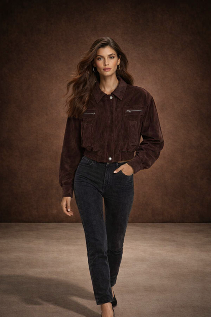 Oversized Ruskinds Bomberjakke til Kvinder i Ægte Suede med Lynlåslukning