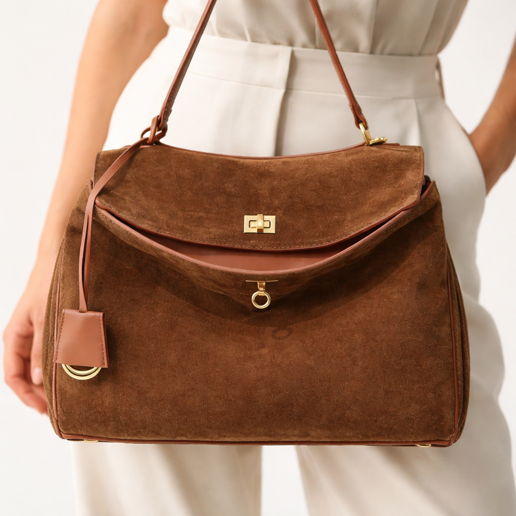 Stor skuldertaske til kvinder i ruskind med struktureret design og rummelig form